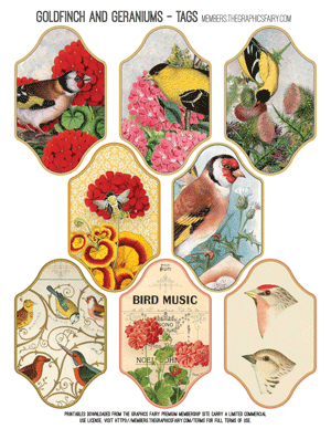 Goldfinches & Geraniums assorted printable tags