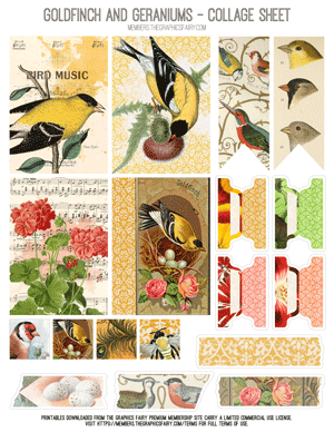 Goldfinches & Geraniums printable collage sheet