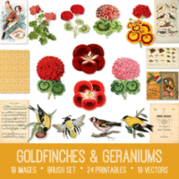 vintage Goldfinches & Geraniums ephemera bundle