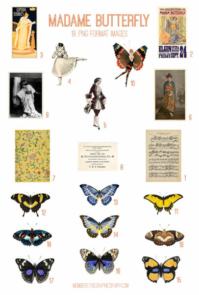 vintage Madame Butterfly ephemera digital image bundle