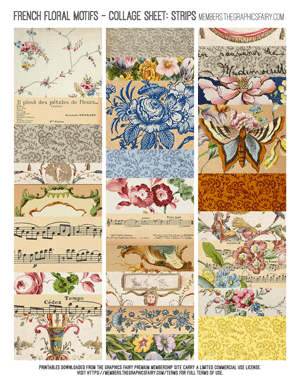 French Floral Motifs assorted printable collage sheet strips