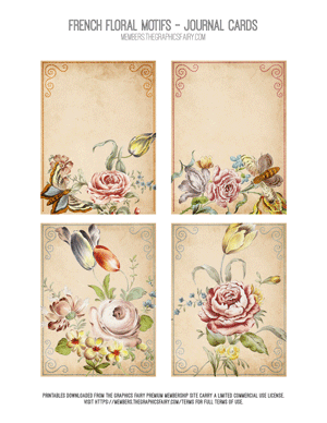 French Floral Motifs assorted printable journal cards