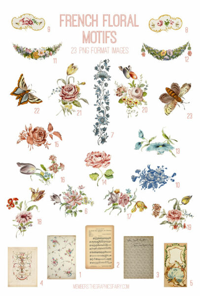 vintage French Floral Motifs ephemera digital image bundle