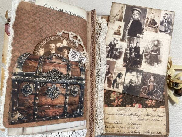 Journal spread with wooden trunk image