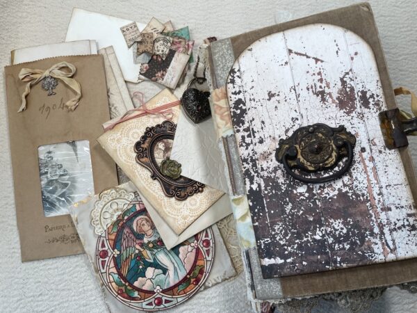 Junk journal cover with pile of journal cards