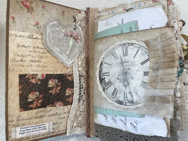 Journal spread with clock face image