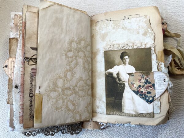 Journal spread with sepia photo of seated lady