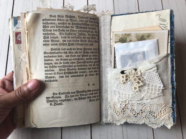 Journal spread with lace pocket