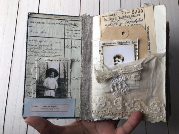 Jouyrnal spread with lace pocket and vintage photos