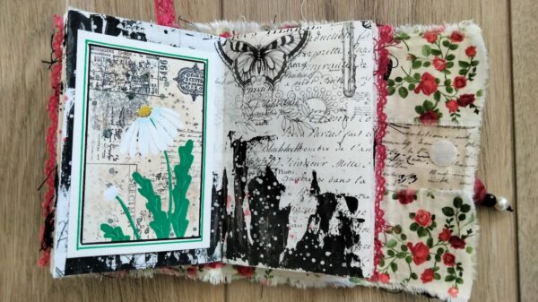 Junk journal spread with green daisy and butterfly images