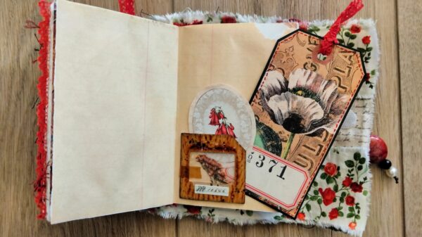 Junk journal spread with flower tags