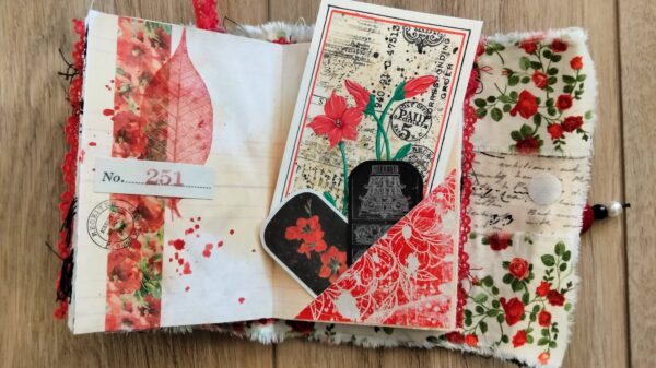 Junk journal spread with red tuck spot and flower tags