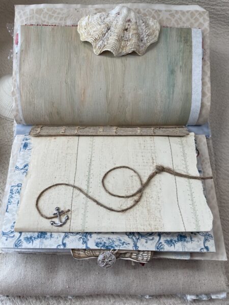 Junk journal spread with anchor on string