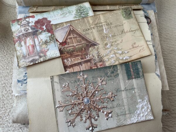 Junk journal spread with 3 Christmas post cards