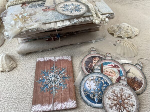 Junk journal spread with bundle or christmas bauble tags