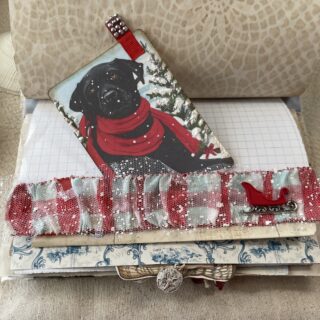 Junk journal spread with dog image tag and plaid ruffle