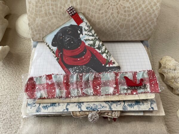 Junk journal spread with dog image tag and plaid ruffle