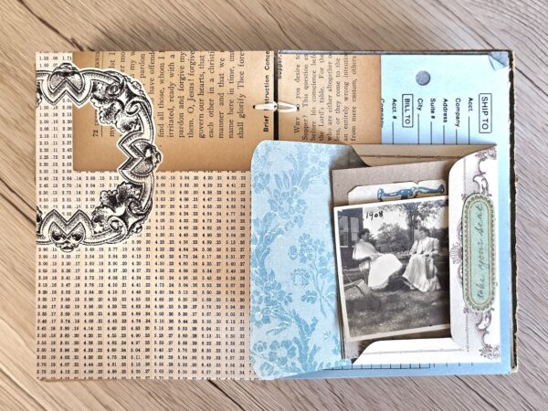 Junk journal spread with fold out photo pocket