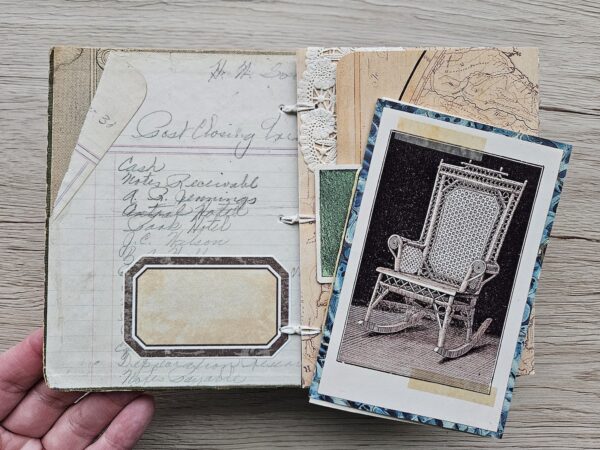 Junk journal spread with postcard of old chair