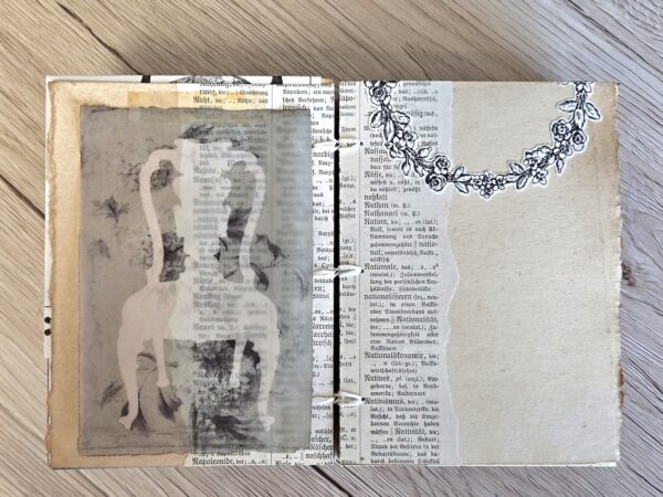 Junk journal spread with image of old chair