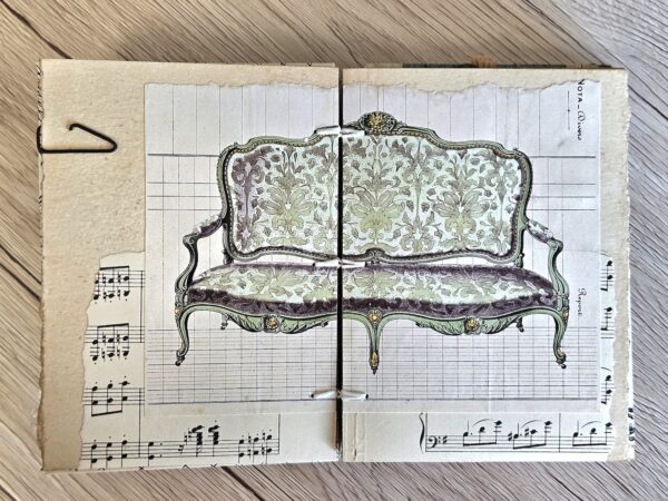 Junk journal spread with image of antique sofa