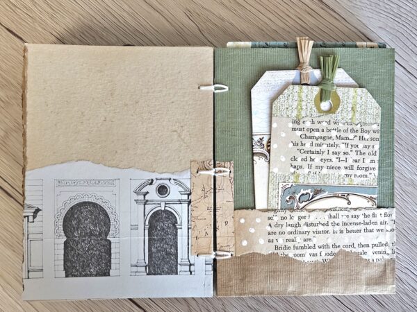 Junk journal spread with two tags