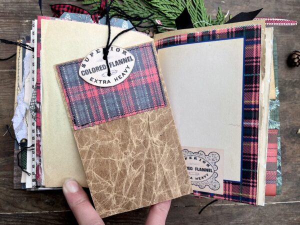 Journal tag made from waxed paper and plaid print