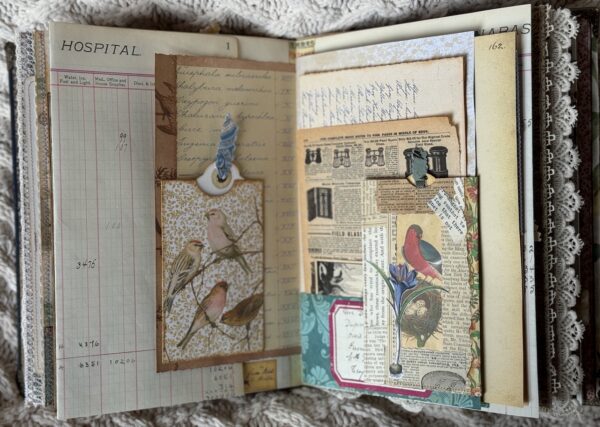 Junk journal spread with bird images and tag