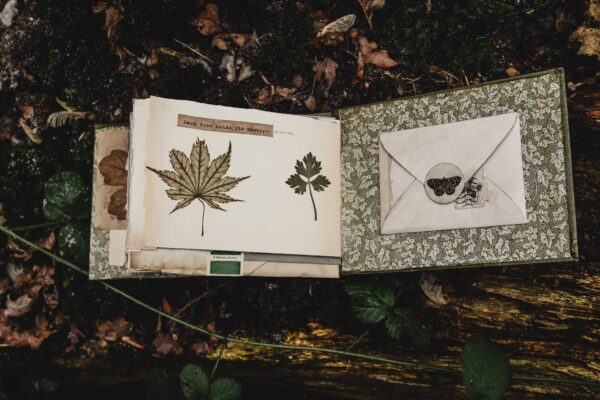 Journal spread with leaves and pocket