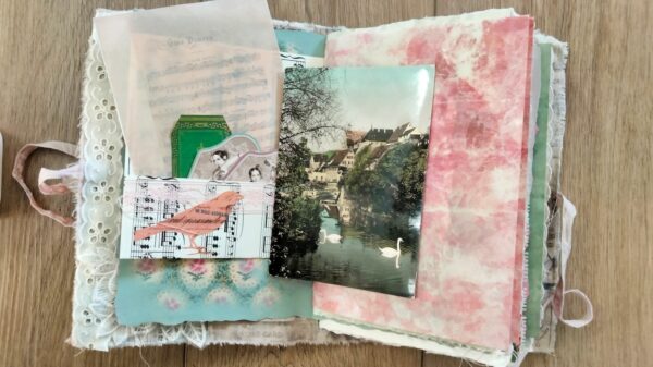 Junk journal spread with pink page and postcard