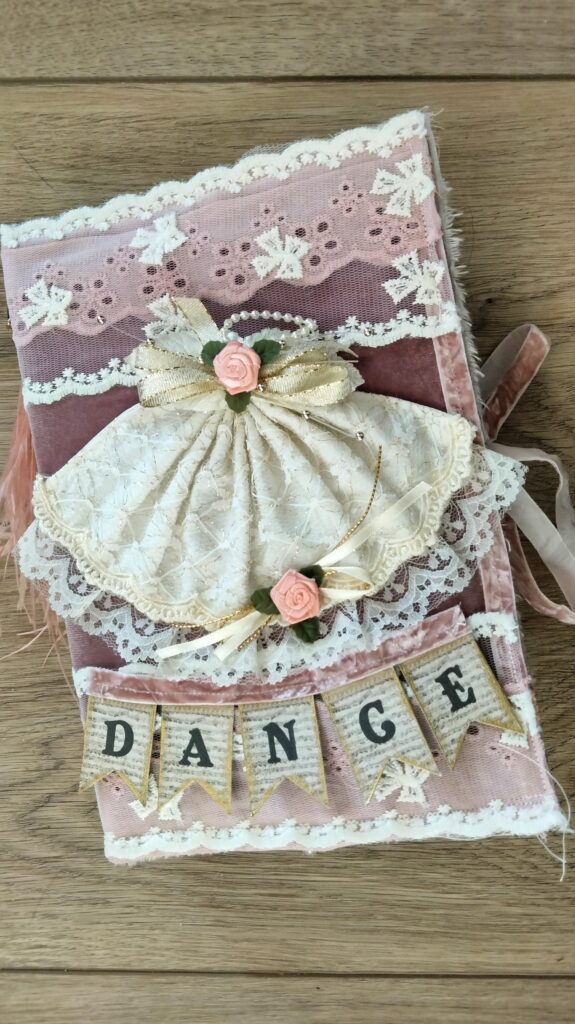 Junk journal cover with fabric fan attached