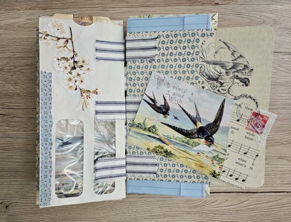 Journal spread with swallows post card