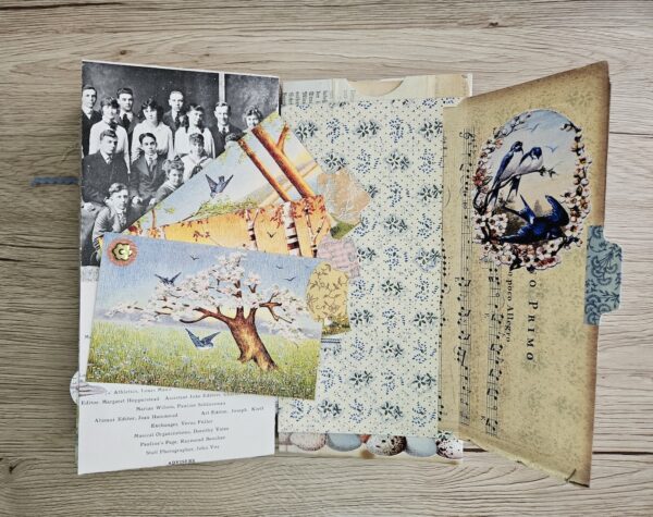 Journal spread with postcards attached