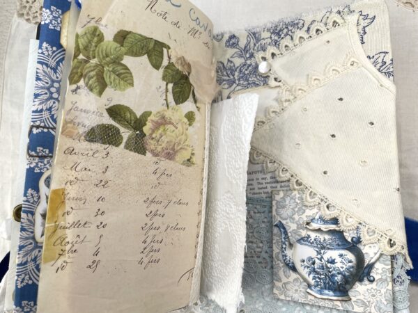 Inside page of junk journal with lace decor