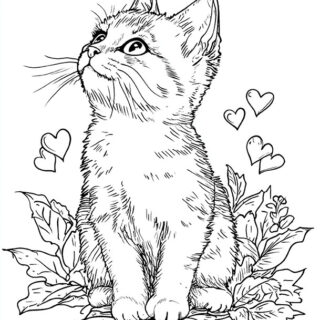 Kitten with hearts coloring page