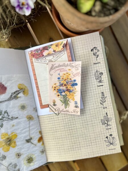 Journal page with flower seed packet print