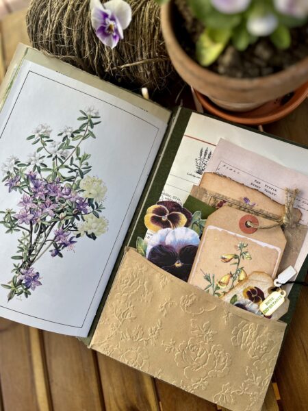 Journal page with pocket full of flower tags