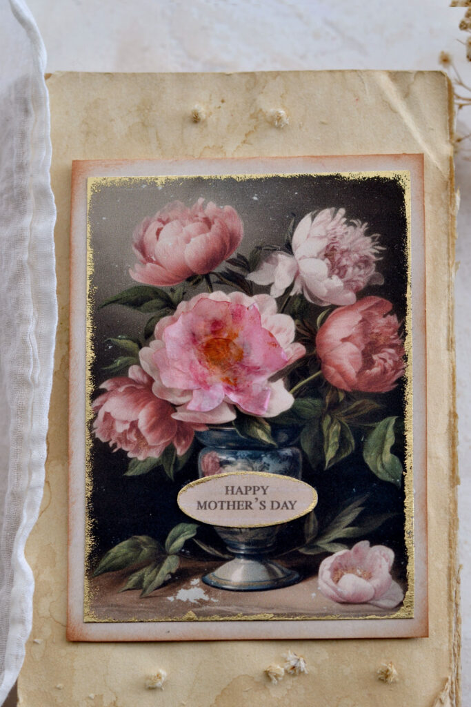 Mother's day card with vintage peonies and gold touches