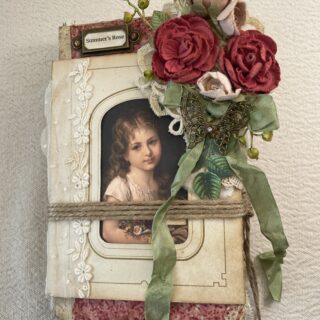 Junk journal cover with woman portrait and fabric red rose bunch