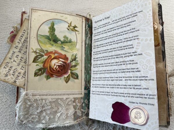 Journal spread with old rose postcard