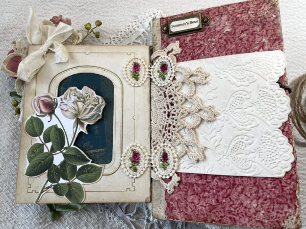 Close up of rose journal page with lace