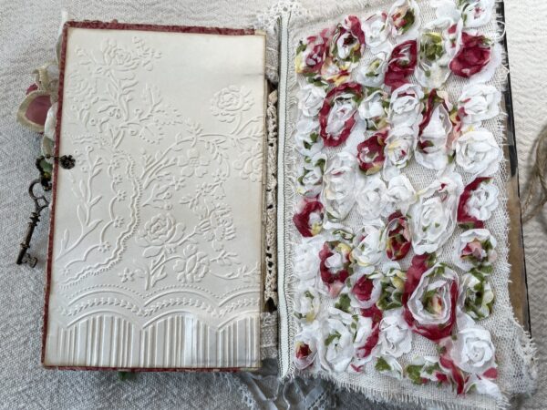 Journal spread with rose fabric