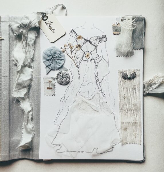 Journal page with wedding dress sketch