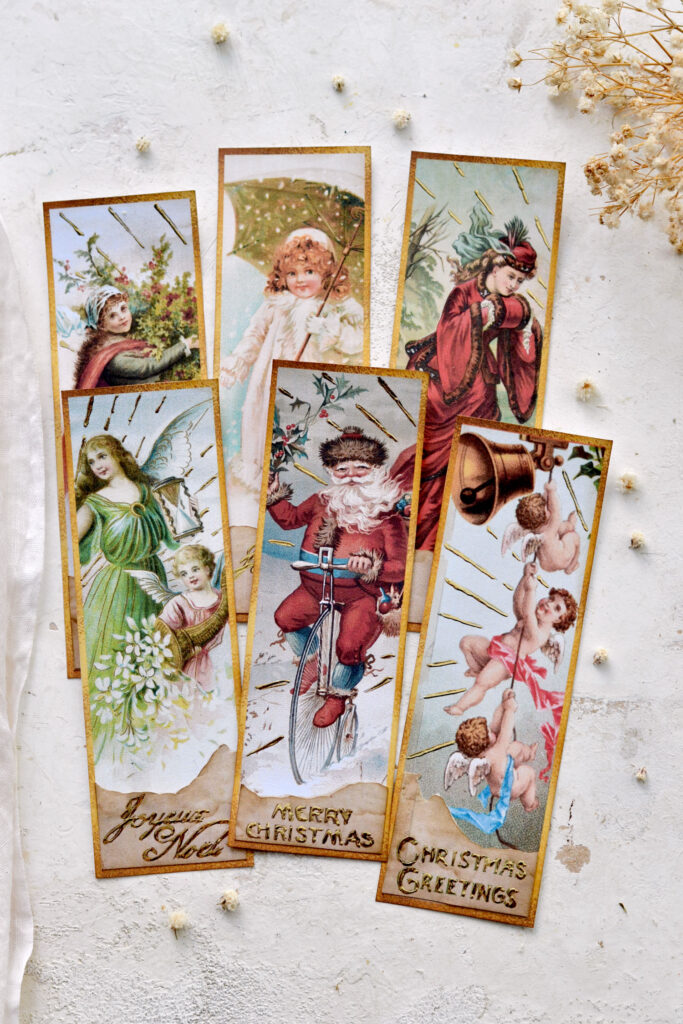Christmas bookmarks with torn paper and gold touches