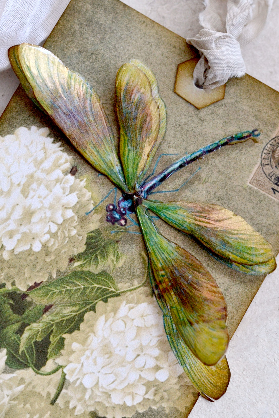 VIntage Dragonfly Tags with gold watercolors