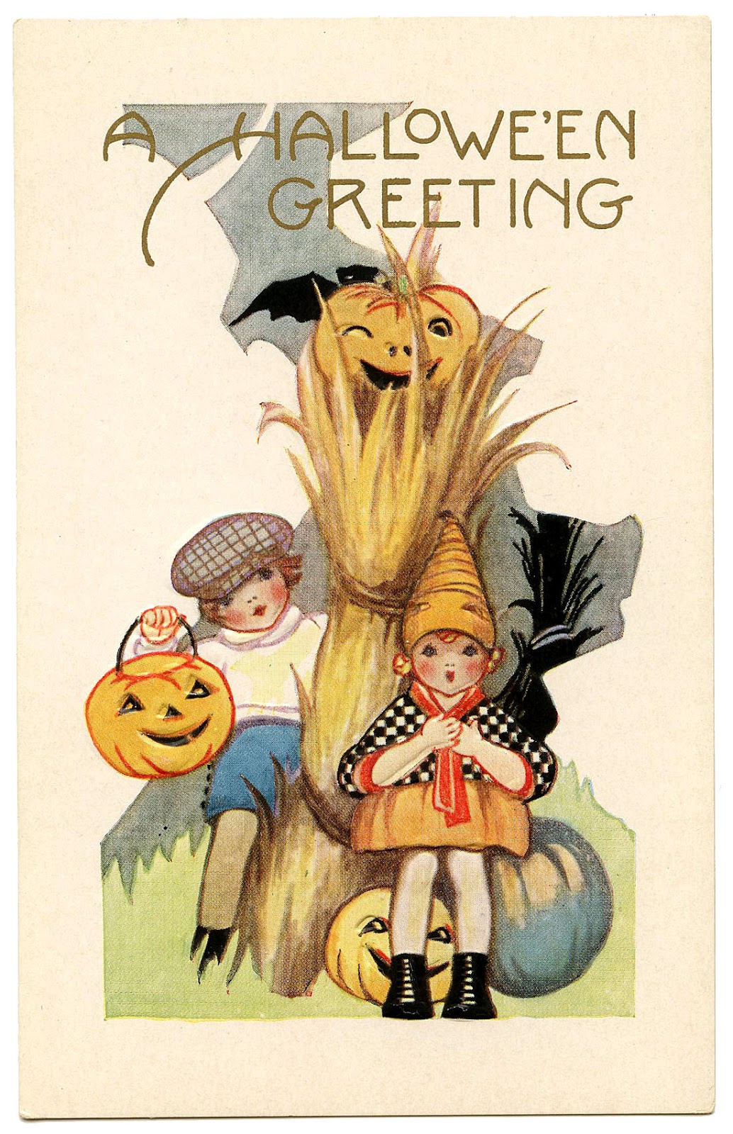 vintage halloween graphic cute kids with pumpkins the graphics fairy