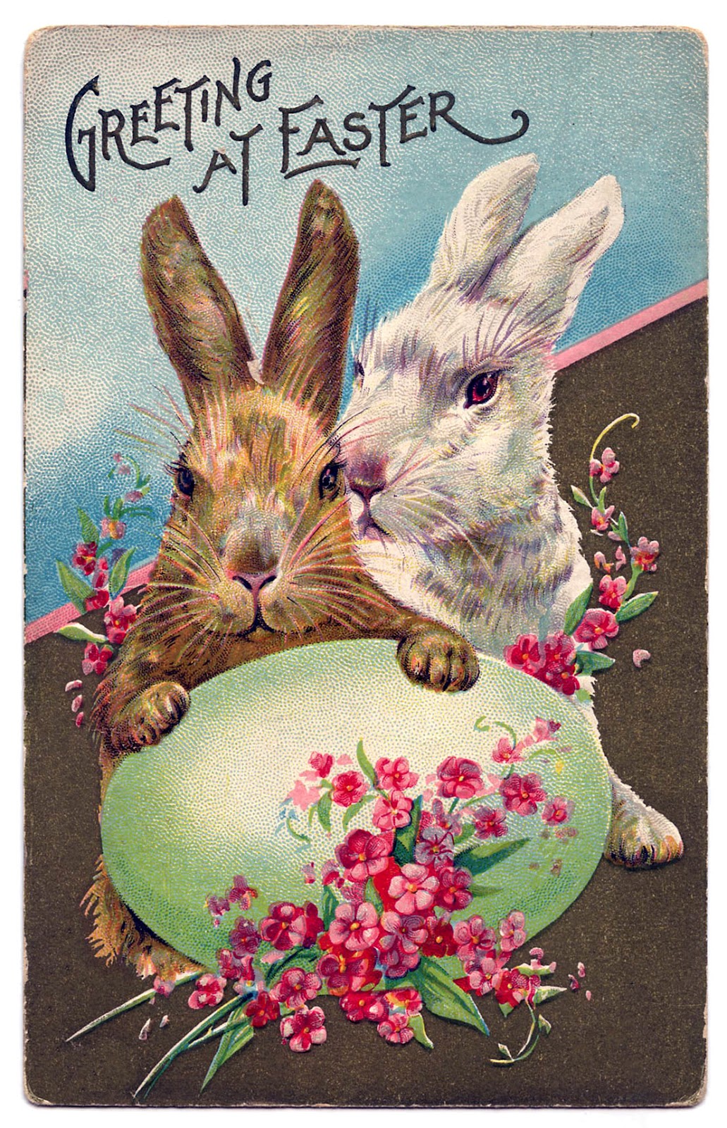 Easter Graphic Bunnies With Egg And Flowers The Graphics Fairy