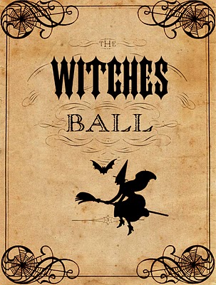 Witches Ball Halloween Printable with Witch on Broom Aged Patina