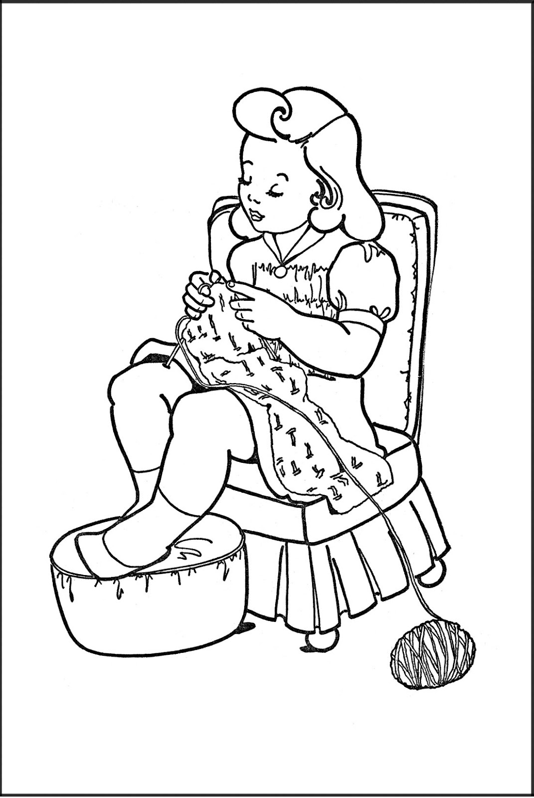 Download Kids Printable - Coloring Page - Girl Knitting - The Graphics Fairy