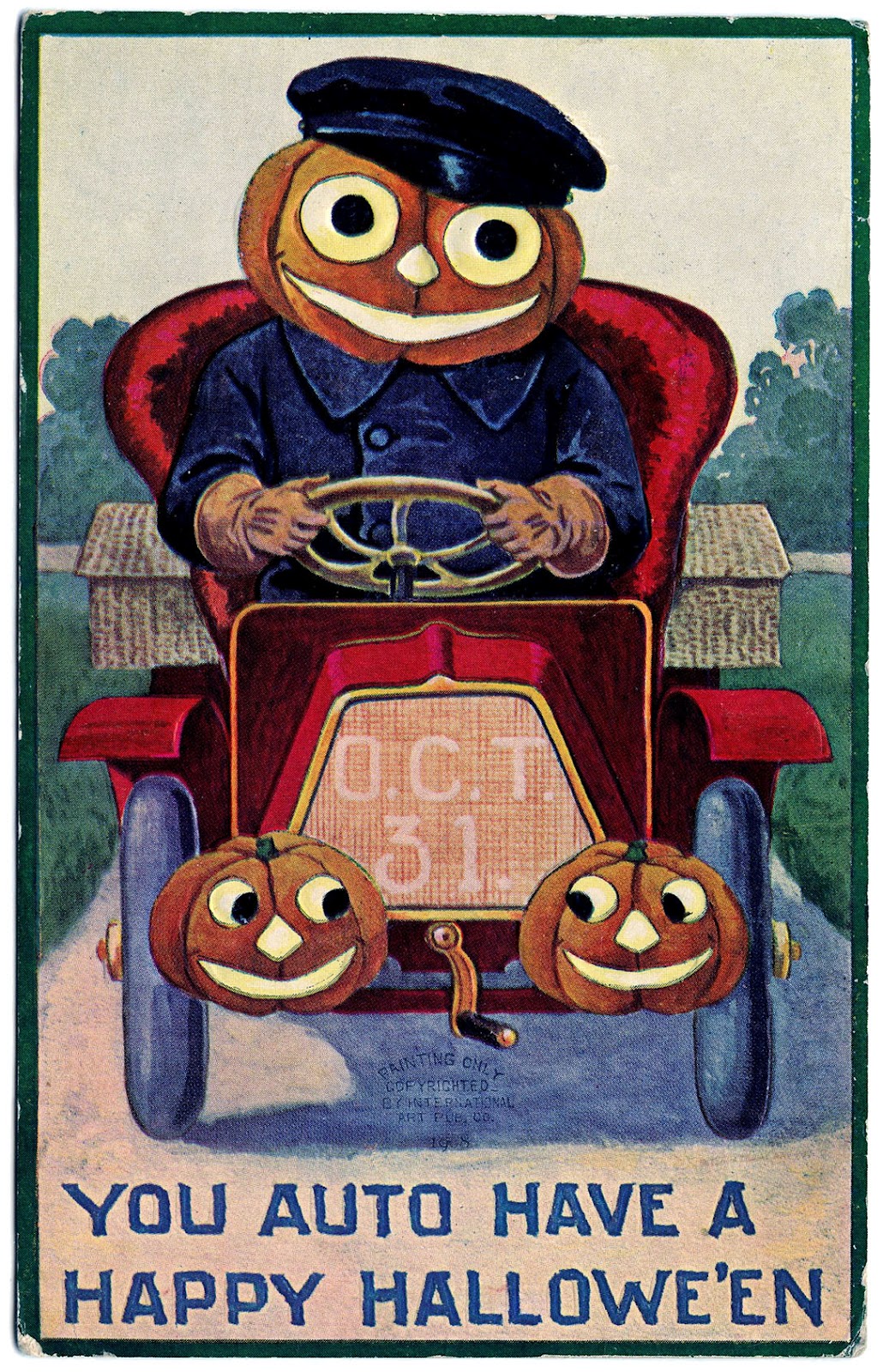 Vintage Halloween Clip Art Pumpkin Man Driving Car The